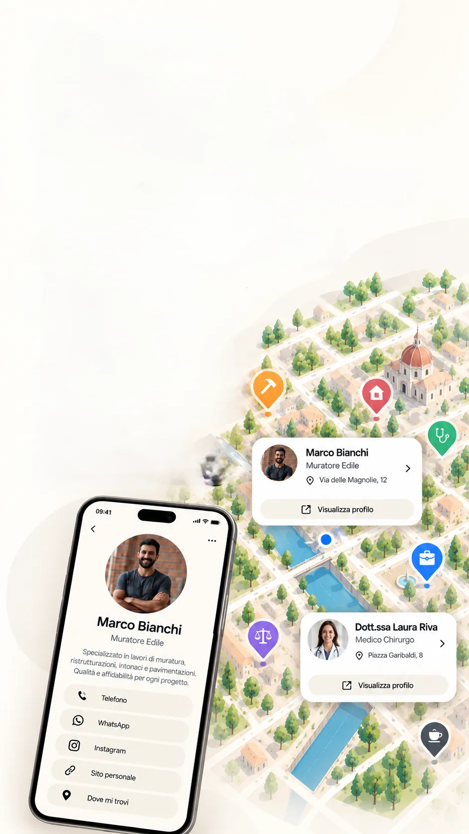 A Mnemonid page on a phone and the map of professionals nearby